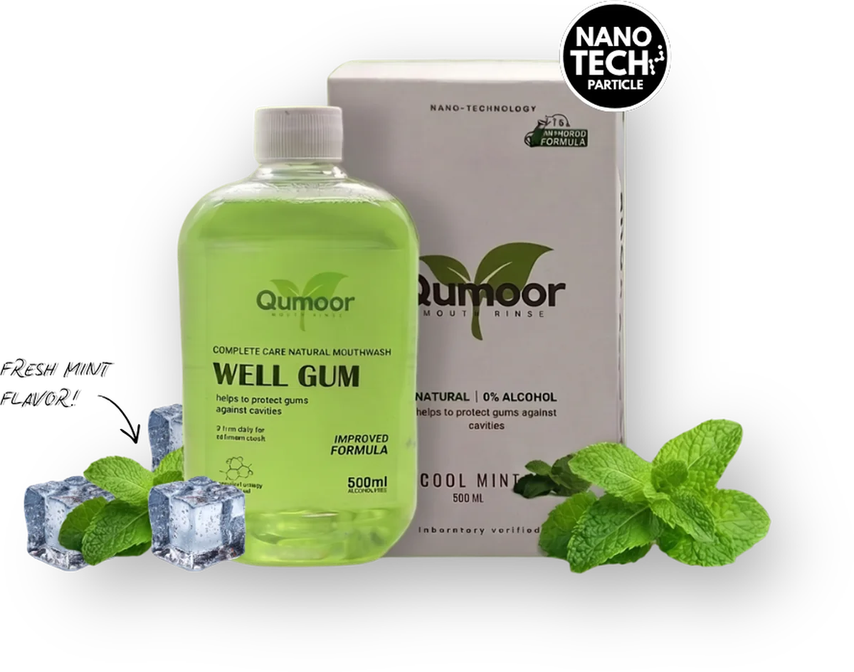 Qumoor Well Gum 500ml bottle and box with fresh mint and ice